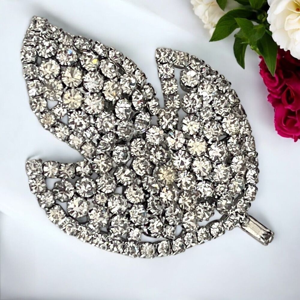 Vintage 1960s Leaf Brooch Rhinestone Pave Silver Tone Statement Pin - 10Q